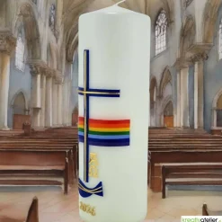 Friede sei mit Euch – Christliche Osterkerze handverziert mit Fisch, Kreuz, Regenbogen & Alpha/Omega