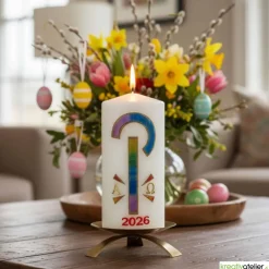 Friedenslicht Christi – Osterkerze handverziert mit Pax-Zeichen in Regenbogenfarben & Alpha/Omega