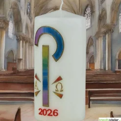 Friedenslicht Christi – Osterkerze handverziert mit Pax-Zeichen in Regenbogenfarben & Alpha/Omega