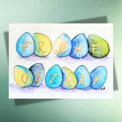 Frohe Ostern & bunte Eier – Nachhaltige Aquarellkarte als Klappkarte oder Postkarte