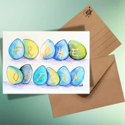 Frohe Ostern & bunte Eier – Nachhaltige Aquarellkarte als Klappkarte oder Postkarte