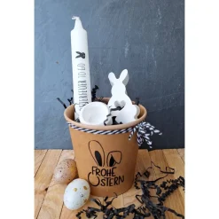 "Frohe Ostern" Geschenkset im Becher ~ Stabkerze mit Kerzenständer, Deko Hase und Herz