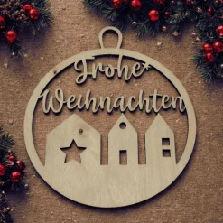 Frohe Weihnachten mit Häusern – Geschenkanhänger & Christbaumanhänger aus Holz, lasergeschnitten