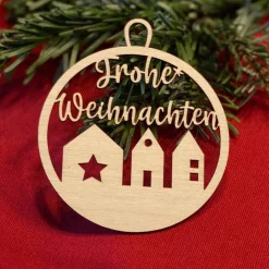 Frohe Weihnachten mit Häusern – Geschenkanhänger & Christbaumanhänger aus Holz, lasergeschnitten
