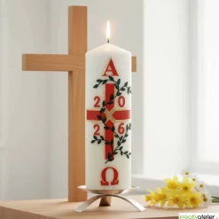 Garten des Lebens – Festliche Osterkerze handverziert mit Blumenranke, Kreuz & Alpha/Omega, christliche Echtwachskunst