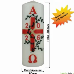 Garten des Lebens – Festliche Osterkerze handverziert mit Blumenranke, Kreuz & Alpha/Omega, christliche Echtwachskunst