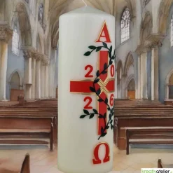 Garten des Lebens – Festliche Osterkerze handverziert mit Blumenranke, Kreuz & Alpha/Omega, christliche Echtwachskunst