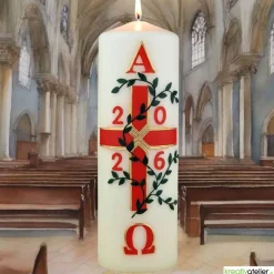 Garten des Lebens – Festliche Osterkerze handverziert mit Blumenranke, Kreuz & Alpha/Omega, christliche Echtwachskunst