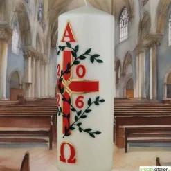 Garten des Lebens – Festliche Osterkerze handverziert mit Blumenranke, Kreuz & Alpha/Omega, christliche Echtwachskunst