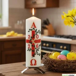 Garten des Lebens – Festliche Osterkerze handverziert mit Blumenranke, Kreuz & Alpha/Omega, christliche Echtwachskunst