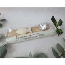 Gastgeschenk zur Kommunion - Konfirmation - Stabkerze personalisiert und Seifenfisch - OLIVE