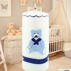 Geburtskerze personalisierbar mit blauem Bärchen, Geschenk Geburt mit Namen, Geburt Jungen, Babygeschenk blau