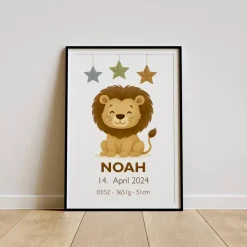 Geburtsposter mit Löwe – Personalisiertes Babybild – Tierposter zur Geburt – Name, Datum, Uhrzeit, Gewicht, Größe