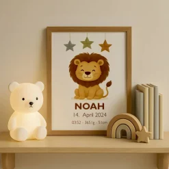 Geburtsposter mit Löwe – Personalisiertes Babybild – Tierposter zur Geburt – Name, Datum, Uhrzeit, Gewicht, Größe