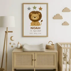 Geburtsposter mit Löwe – Personalisiertes Babybild – Tierposter zur Geburt – Name, Datum, Uhrzeit, Gewicht, Größe