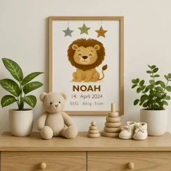 Geburtsposter mit Löwe – Personalisiertes Babybild – Tierposter zur Geburt – Name, Datum, Uhrzeit, Gewicht, Größe