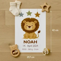 Geburtsposter mit Löwe – Personalisiertes Babybild – Tierposter zur Geburt – Name, Datum, Uhrzeit, Gewicht, Größe