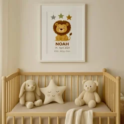 Geburtsposter mit Löwe – Personalisiertes Babybild – Tierposter zur Geburt – Name, Datum, Uhrzeit, Gewicht, Größe