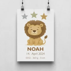 Geburtsposter mit Löwe – Personalisiertes Babybild – Tierposter zur Geburt – Name, Datum, Uhrzeit, Gewicht, Größe
