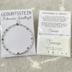 Geburtsstein Februar - Fensterdeko mit Heilstein Amethyst - Karte zum Geburtstag oder zur Geburt