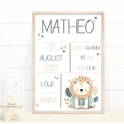 Geburtstafel Löwe, Geschenk Geburt Baby, Geburtstag, Geburtsposter, Geburtsanzeige
