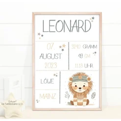 Geburtstafel Löwe, Geschenk Geburt Baby, Geburtstag, Geburtsposter, Geburtsanzeige