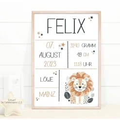 Geburtstafel Löwe, Geschenk Geburt Baby, Geburtstag, Geburtsposter, Geburtsanzeige