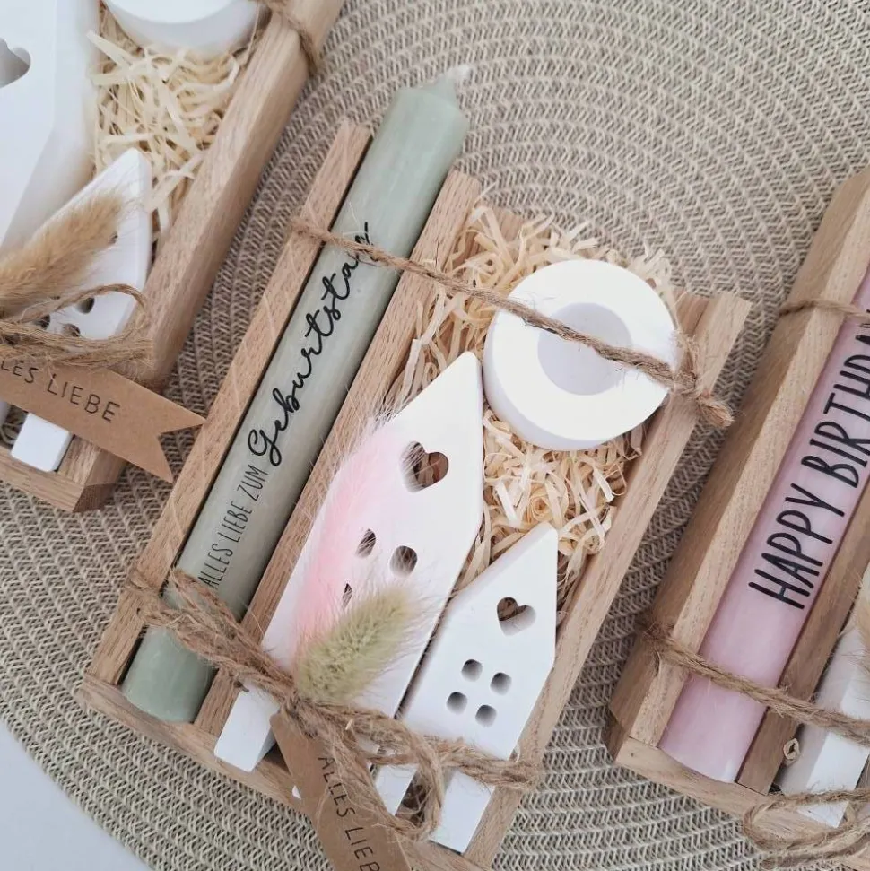 Geburtstag Geburtstagsgeschenk Häuser / Lichthäuser Kerzenhalter rund Stabkerze Kerzenbox Holzbox Mitbringsel