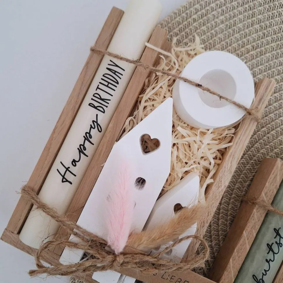 Geburtstag Geburtstagsgeschenk Häuser / Lichthäuser Kerzenhalter rund Stabkerze Kerzenbox Holzbox Mitbringsel