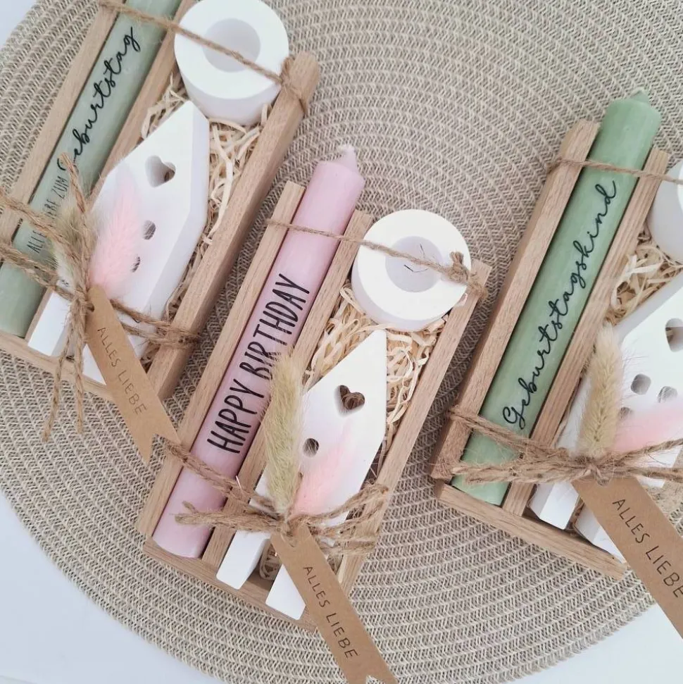 Geburtstag Geburtstagsgeschenk Haus / Lichthaus Kerzenhalter rund Stabkerze Kerzenbox Holzbox Mitbringsel