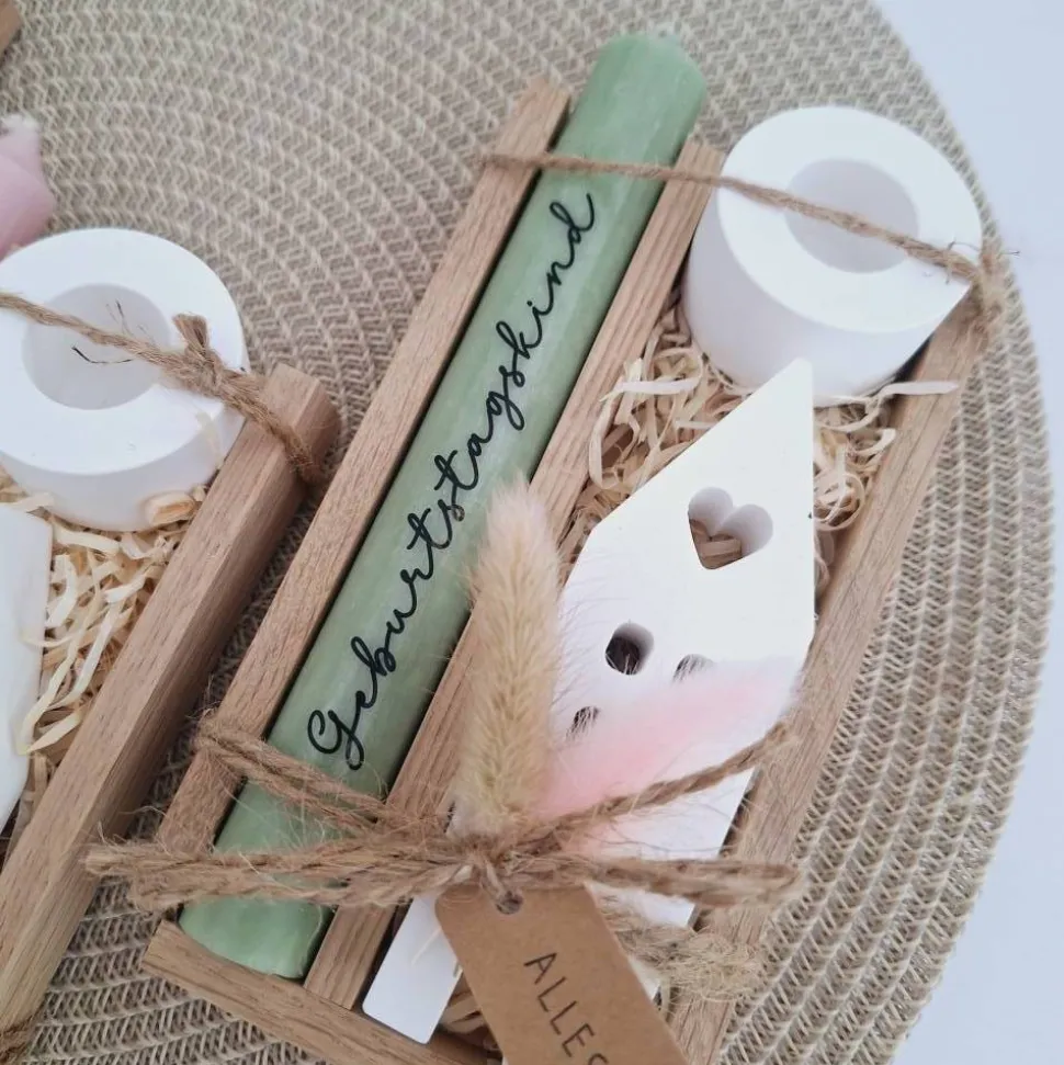 Geburtstag Geburtstagsgeschenk Haus / Lichthaus Kerzenhalter rund Stabkerze Kerzenbox Holzbox Mitbringsel