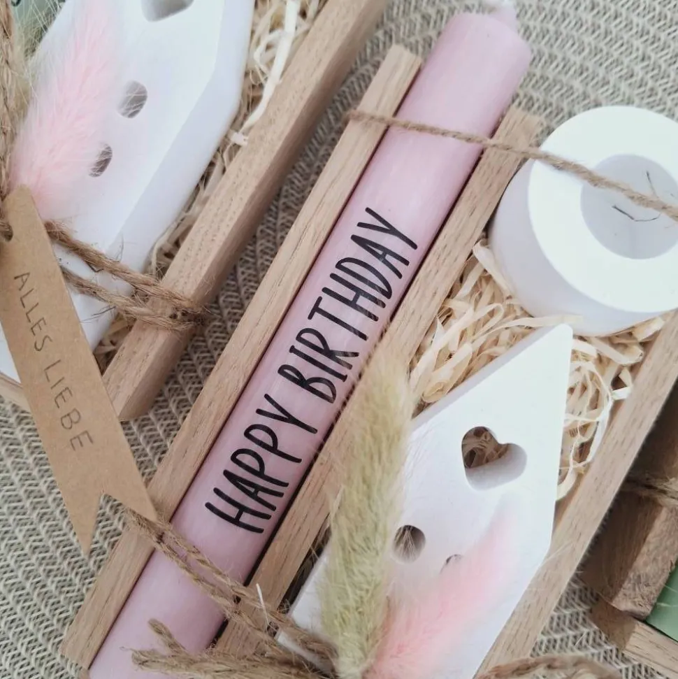 Geburtstag Geburtstagsgeschenk Haus / Lichthaus Kerzenhalter rund Stabkerze Kerzenbox Holzbox Mitbringsel