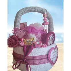 Geburtstag Geschenkkorb Wellness pink Jute personalisiert mit Schlüsselanhänger & Handtuch Torte