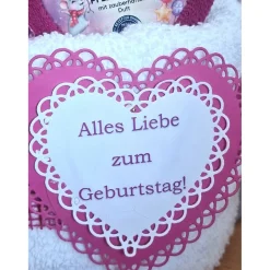 Geburtstag Geschenkkorb Wellness pink Jute personalisiert mit Schlüsselanhänger & Handtuch Torte