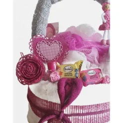 Geburtstag Geschenkkorb Wellness pink Jute personalisiert mit Schlüsselanhänger & Handtuch Torte