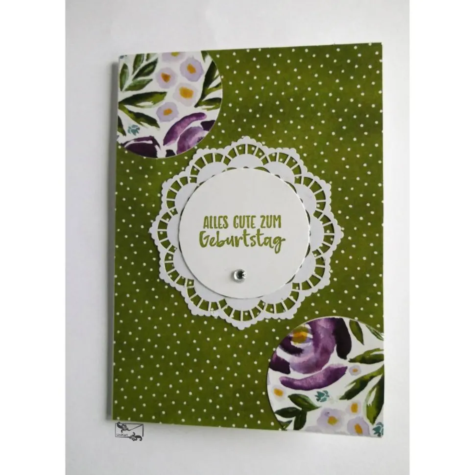 Geburtstagkarte Grußtext Pastell Blüten Lila,Grün,Gelb