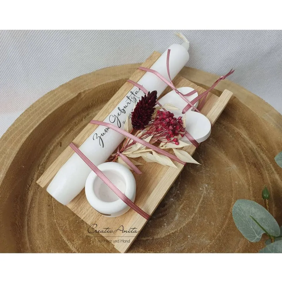 Geburtstagsgeschenk - Geschenkset mit Herz-Anhänger aus Beton, Kerze, Kerzenständer und Trockenblumen dekoriert