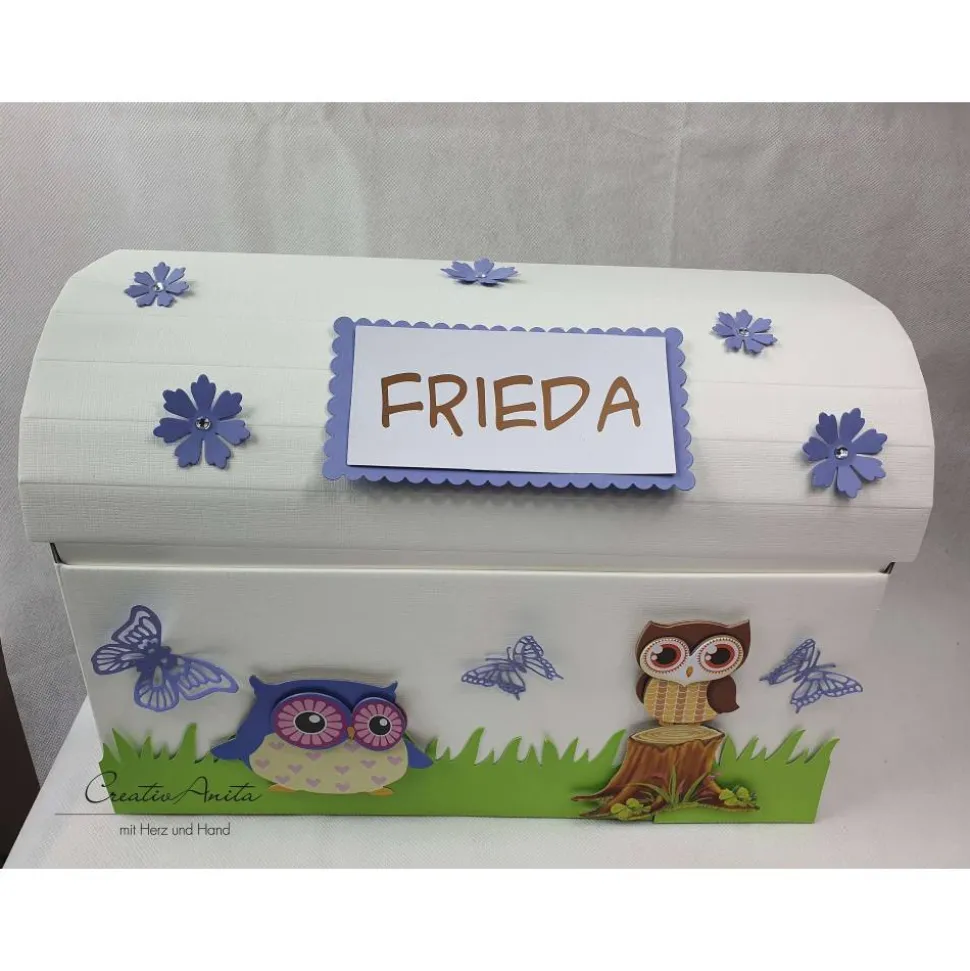 Geburtstagsgeschenk für die Kleinen! Geburtstagsbox - Schulanfang Truhe Schatztruhe EULEN - lila-flieder Schatzkiste Ges