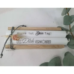 Geburtstagsgeschenk Kerzen - Stabkerzen mit Sprüchen -Heute ist Dein Tag- -Lass Dich verwöhnen-Dekoriert mit Holz
