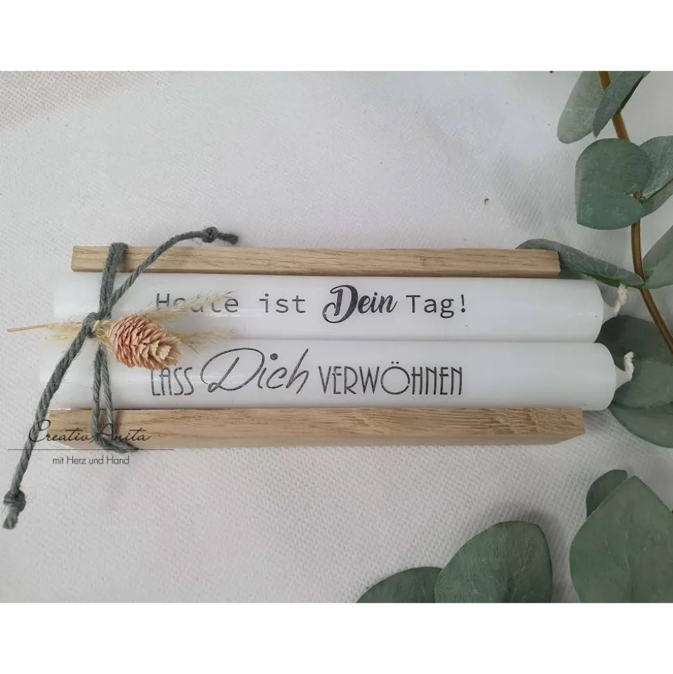 Geburtstagsgeschenk Kerzen - Stabkerzen mit Sprüchen -Heute ist Dein Tag- -Lass Dich verwöhnen-Dekoriert mit Holz