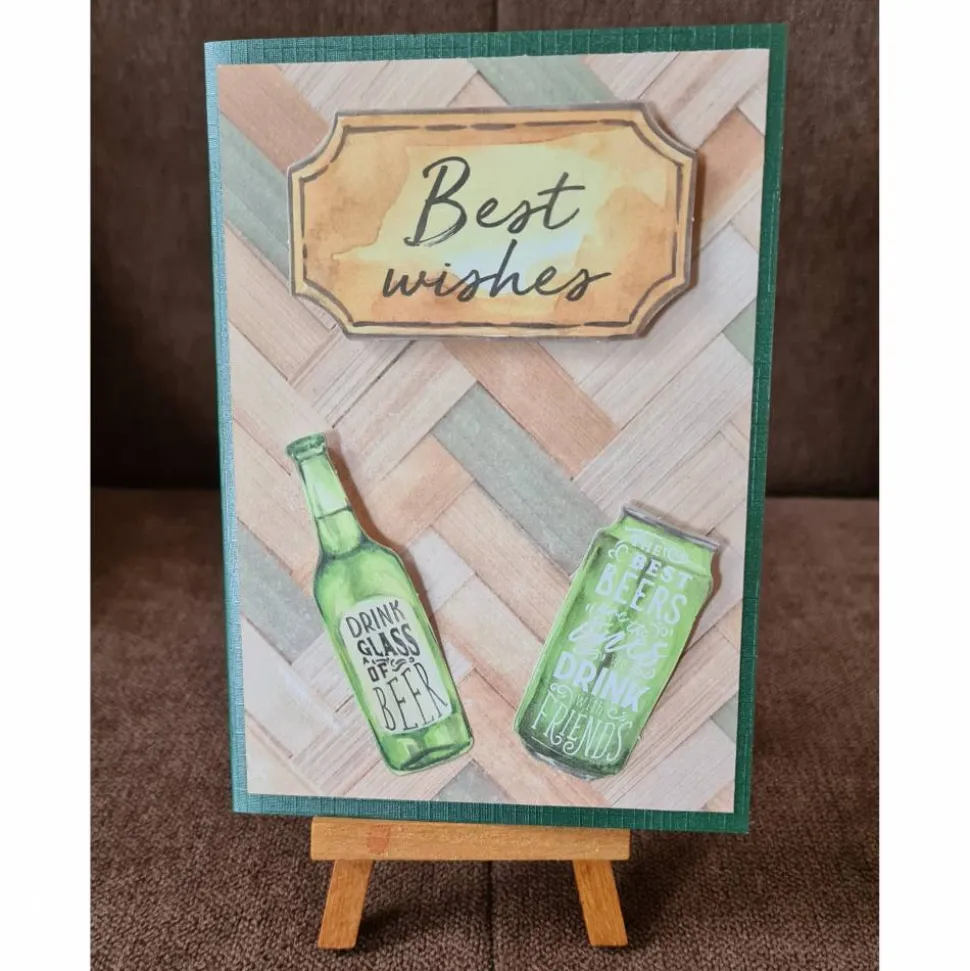 Geburtstagskarte " Best Wishes" Büchse , Flasche , Holzoptik