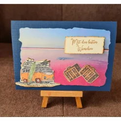 Geburtstagskarte " Mit besten Wünschen " Surferbus , Koffer , Sonnenuntergang