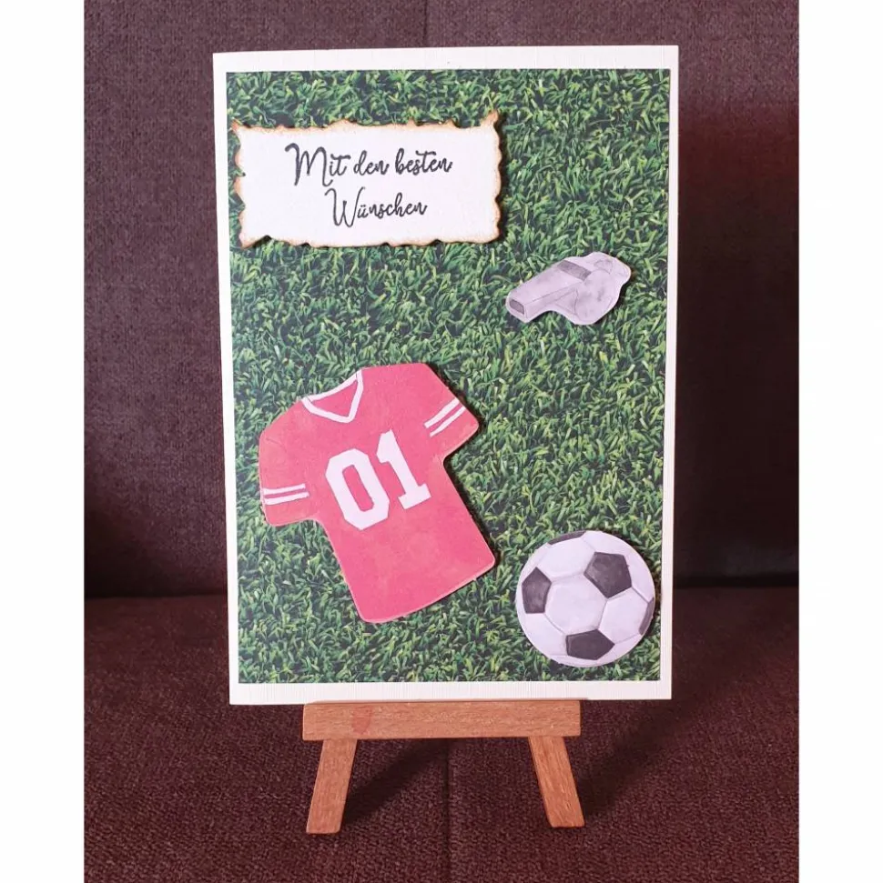 Geburtstagskarte " Mit den besten Wünschen " Fussball , Trikot , Pfeife , Rasen