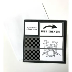 Geburtstagskarte 3D Drehkarte Wendekarte Handarbeit Musiker Schlagzeug Männer Vatertag