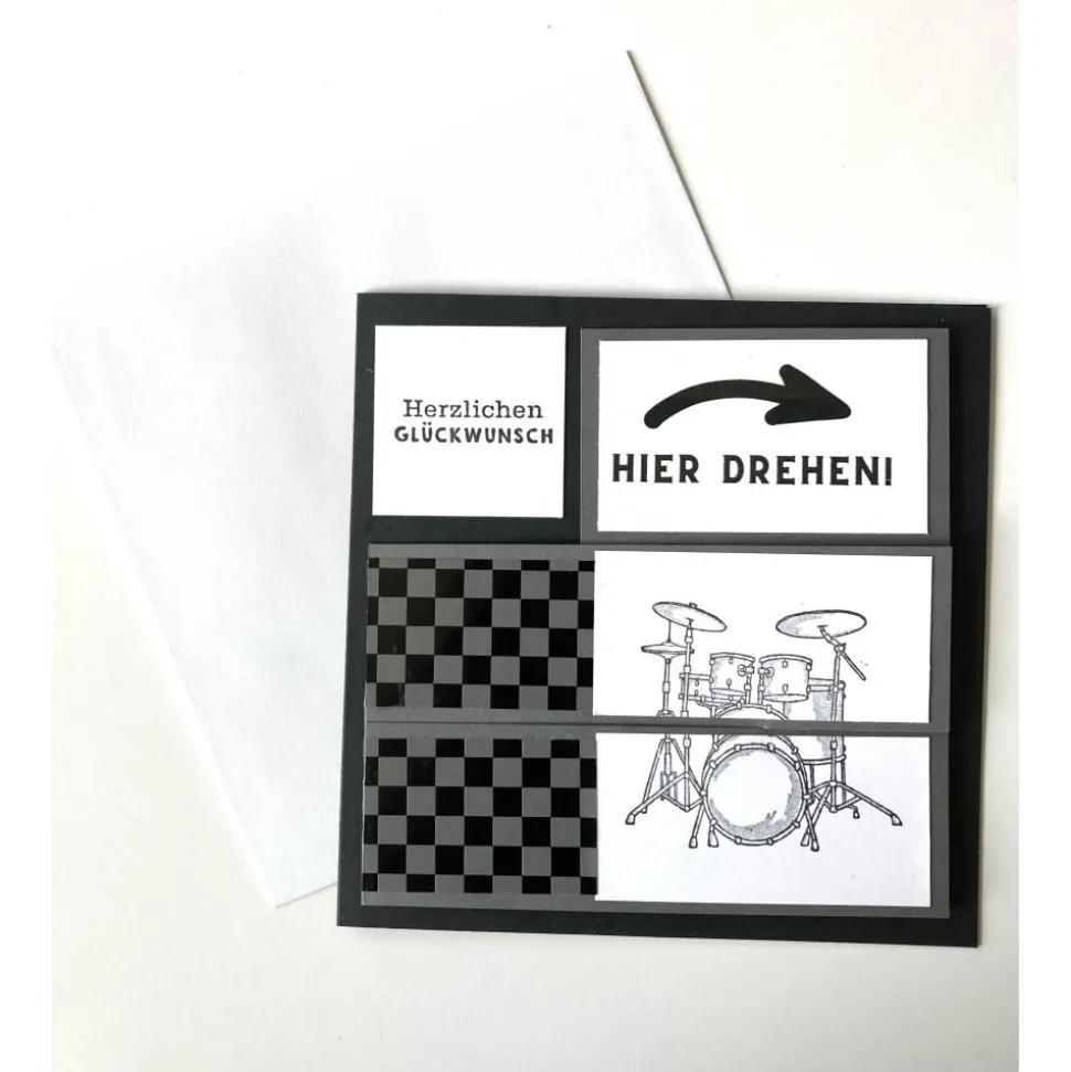 Geburtstagskarte 3D Drehkarte Wendekarte Handarbeit Musiker Schlagzeug Männer Vatertag