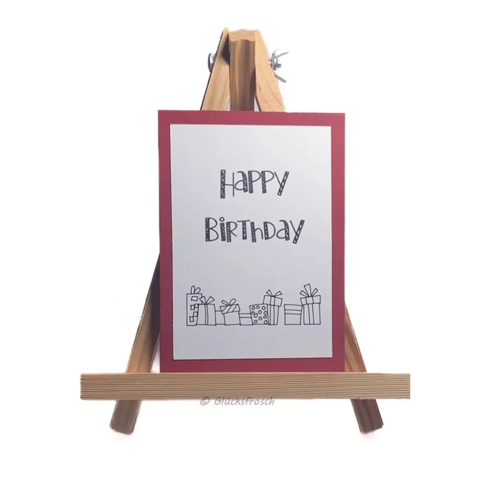 Geburtstagskarte dunkelrot mit Happy Birthday & Päckchen, 15x10,5 cm