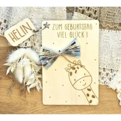 Geburtstagskarte Kind personalisiert Holz, Glückwunschkarte Namen Giraffe, Schlüsselanhänger Name