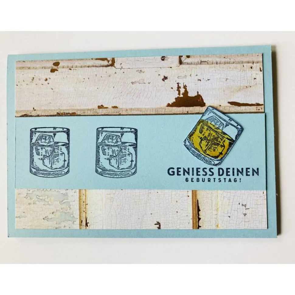 Geburtstagskarte mit Whiskey Gläsern Blau,Gold, Holzoptik