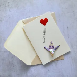 Geburtstagskarte Origami Kranich mit Herzluftballon - Einzigartige Geburtstagskarte - Papierkunst