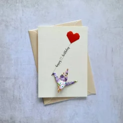 Geburtstagskarte Origami Kranich mit Herzluftballon - Einzigartige Geburtstagskarte - Papierkunst